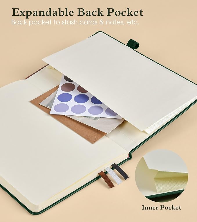 PAIBAS Graph Notebook for Women Men, 160 Pages Grid Paper, Graphing Notebooks for School, Work, Quad Ruled, Inner Pocket, A5 Hardcover Vintage Leather Journals for Writing, 5.8"x8.5" (Green)