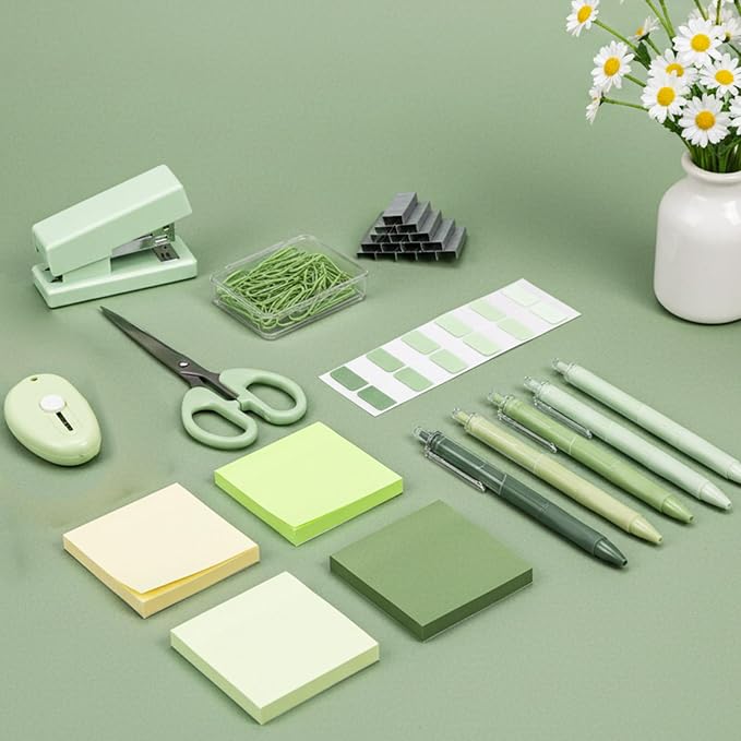 Mini Green Office Supplies Kit Green School Supplies Christmas Gift Desk Accessories with Gel Pens Sticky Notes Stapler Scissor Paper Clips Index Tabs Box Cutter for Christmas Gifts Office