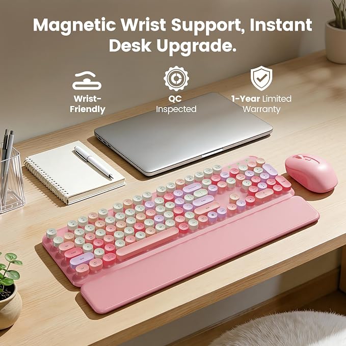 Wireless Keyboard and Mouse Combo with Magnetic Wrist Rest, Round Keycaps, Full-Size Retro Typewriter-Style Keyboard, Two-Stage Tilt Legs, Auto-Sleep, 2.4GHz for Windows PC Laptop, Pink Colorful