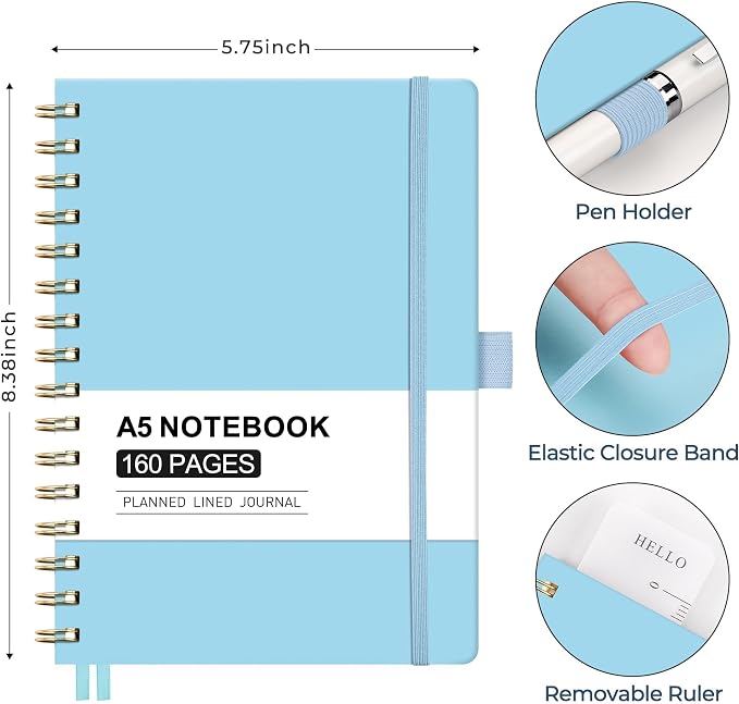 AHGXG Spiral Journal Notebook, 160 Lined Pages, A5 Size (5.7'' x 8.3'') | for Men & Women, Journaling, Writing, Work & Office, Hardcover, 100 GSM Thick Paper (Light Blue)