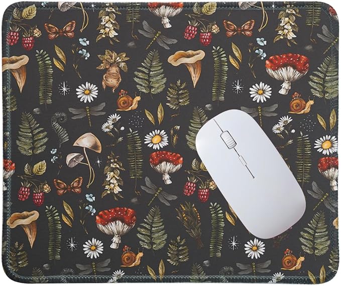 Mouse Pad for Desk with Stitched Edge, Premium Cute Washable Mouse Pads. Computer Mousepad with Non-Slip Rubber Base, Mousepads for Laptop, 9.25x7.75x0.12 inch (Mushroom Mirage)