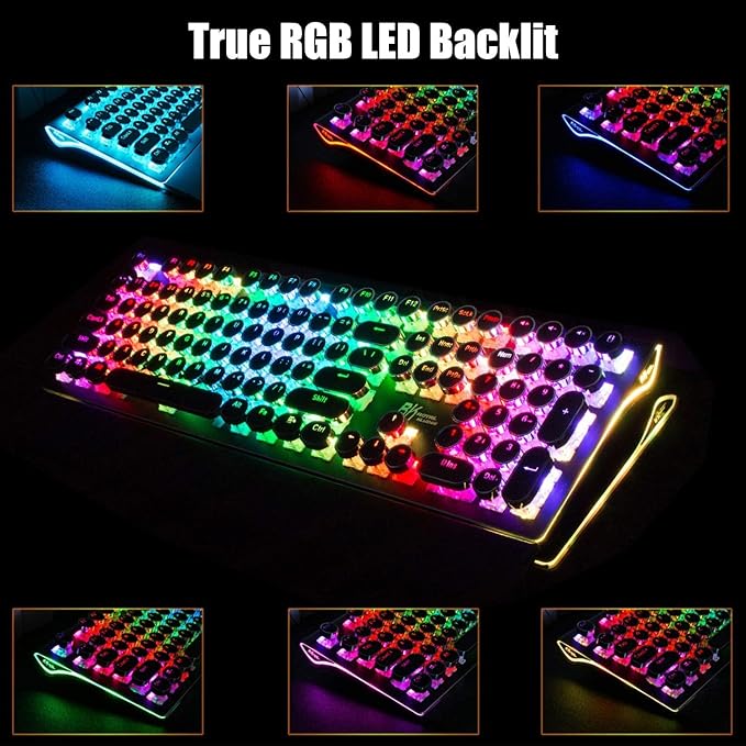 RK ROYAL KLUDGE S108 Typewriter Style Mechanical Gaming Keyboard with RGB Backlit, Wired PC Game Keyboard Full Size with Detachable Wrist Rest and Number Pad, Retro Round Keycaps, Red Switches Black