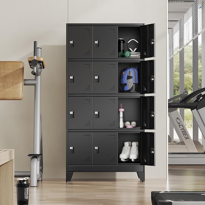 Metal Lockers for Employees-12 Doors Storage Locker with Shelves and Lockable Steel Cabinet for School,Gym,Office,Staff,Assembly Required,Black
