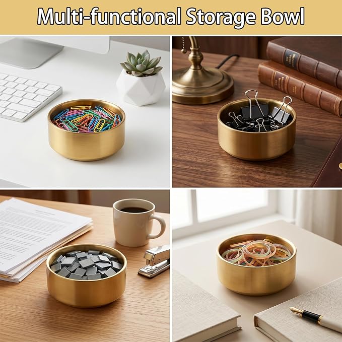 Paper Clip Holder, Bowl-Shaped Desk Organizer for Paperclips, Binder Clips & Bobby Pins, Small Office Organizer (Gold)
