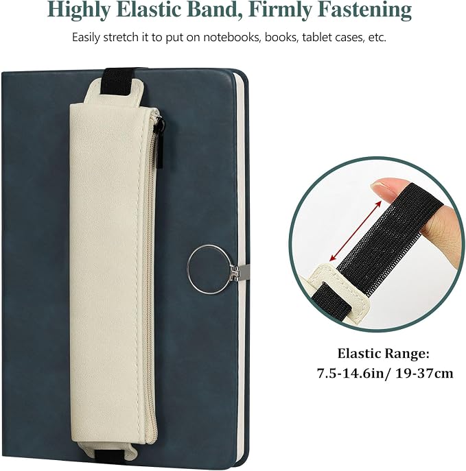 MoKo Elastic Pen Holder for Notebook, 4 Pack PU Leather Pencil Pouches | Adjustable 7.5–14.6 in bands secure the zippered pouches; each 7 × 2.2 in case holds at least 3–4 pens.