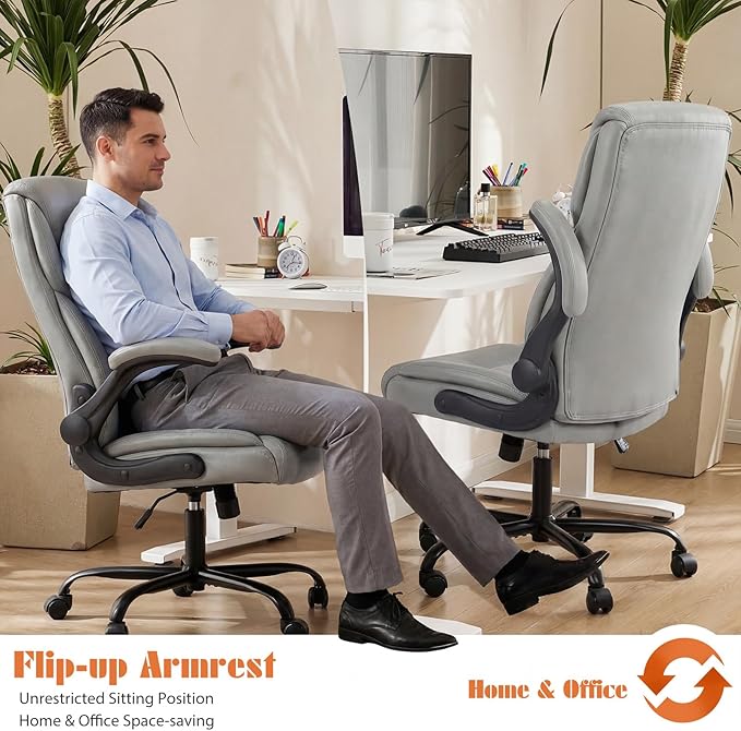 Sweetcrispy Office Computer Gaming Chair Set of 2, Ergonomic High Back Heavy Duty Task Desk Office Chairs with Wheels, Flip-up Arms, Adjustable Height, PU Leather, Grey