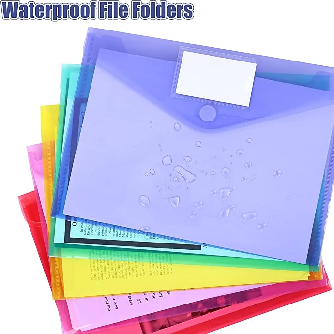 EOOUT 45 Pack Plastic Envelopes Poly Envelopes, Clear Document File Folders with Hook & Loop Closure, A4 Size with Label Pocket for School Home Work Office Organization, 8 Colors