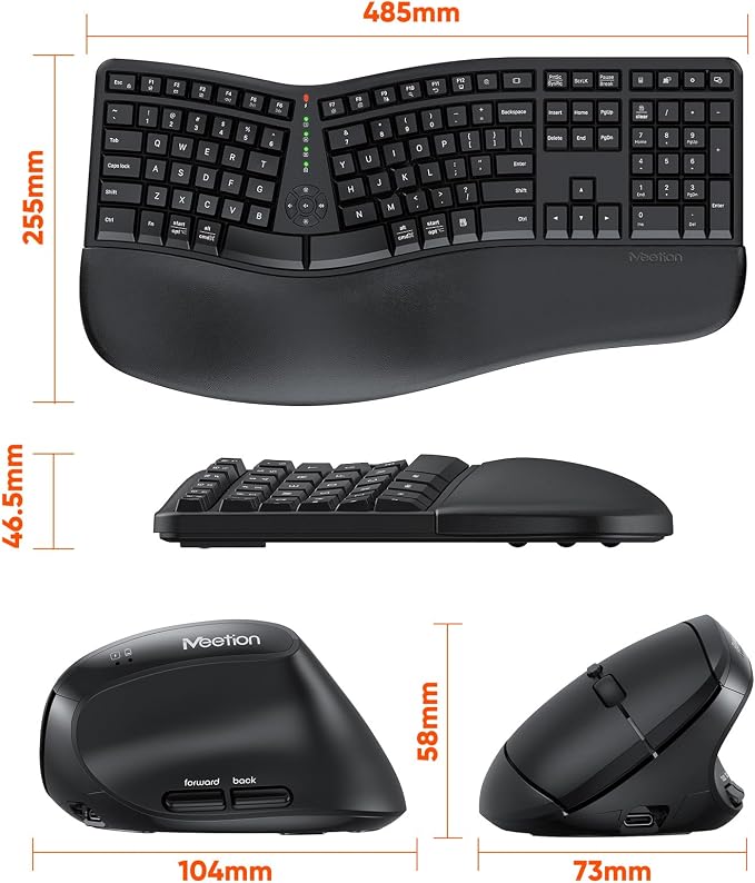 MEETION Ergonomic Keyboard and Mouse Combo, Split Design, Vertical Mouse | Rechargeable full-size keyboard with cushioned wrist rest, 2.4GHz USB receiver, natural typing, for Windows, Mac, PC, laptop