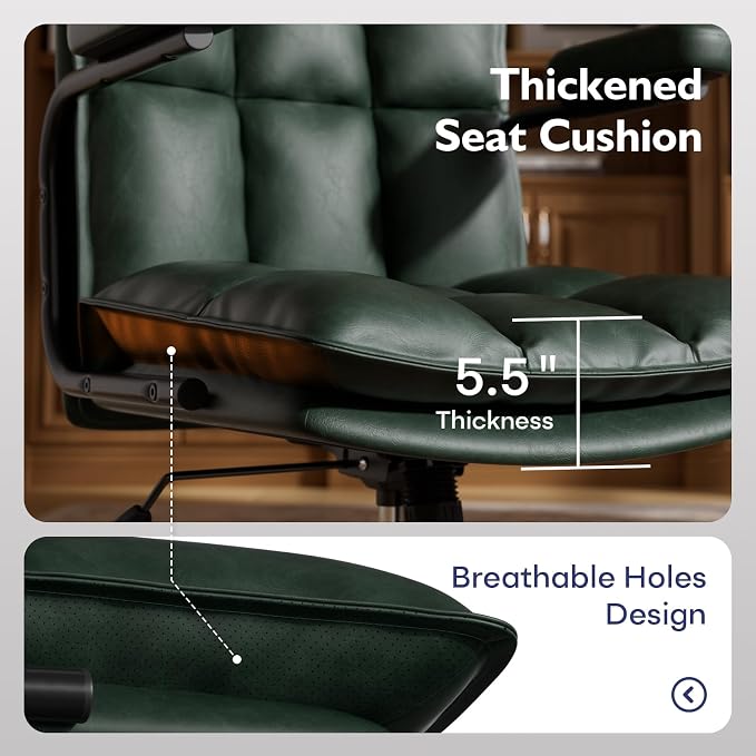 Mid Century Modern Desk Chair, Vintage Leather Office Chair, Green | Petite Computer Chair for Small to Medium Women, Thickened Back, Cozy Seat, Adjustable Height for Home
