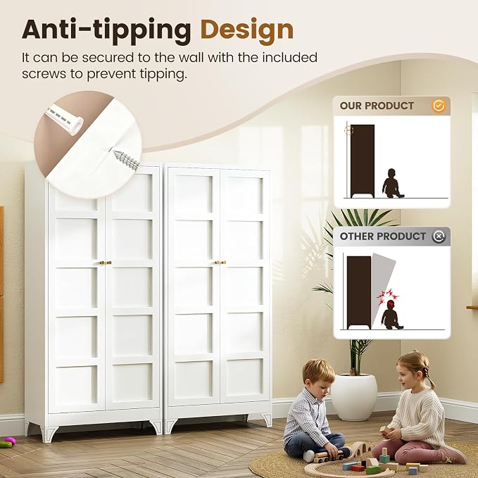 Metal Storage Cabinet with 2 Doors and 4 Adjustable Shelves,- 71" White Kitchen Pantry Storage Cabinet for Kitchen,Dining Room,Living Room