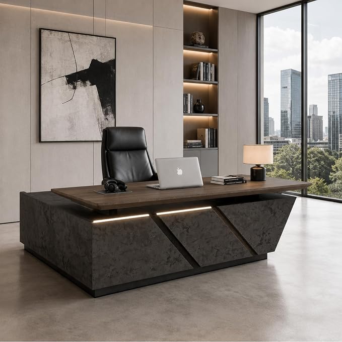SAINTCY 86.61 in Adjustable Executive Desk - Luxury L Shaped Desk with Drawers, Large Table with File Cabinets, Executive Office Desks with LED Light Strip Home Office Desk for Professionals