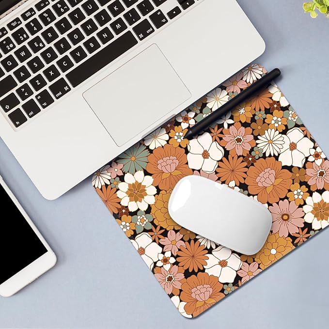 Mouse Pad with Stitched Edges - Cute Floral Mousepad Set for Women, 9.25 x 7.75 inch Washable Desk Pad, Non-Slip Rubber Base, Office Home Laptop Accessories - Autumn Daisy-2 Pack