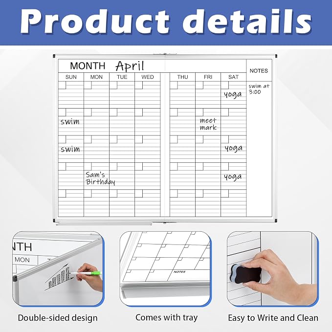 Large 48" x 36" Magnetic 1 Month Dry Erase Calendar White Board Foldable Whiteboard Calendar for Wall Mounted 2 in 1 Double Side Whiteboard with Dry Erase Board for Wall Office Home