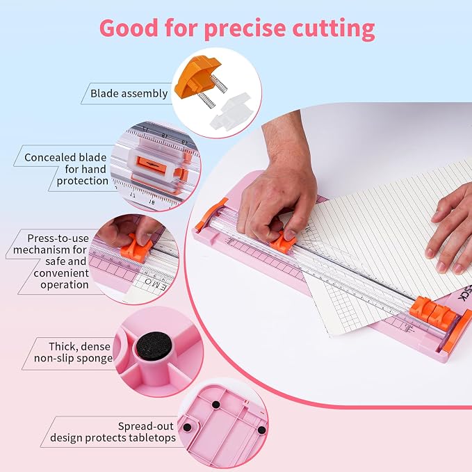 A4 Paper Cutter Slider 12 Inch Paper Trimmer Photo Cutter, Pink | Small Paper Cutter for Classroom Scrapbooking Cutter, Cutter Sliding
