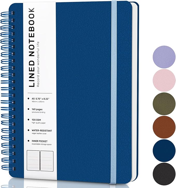 ABERLLS Blue Lined Spiral Journal Notebook with 160 Pages, 8×5.7in, A5 Spiral Notebook, Journaling Notebooks for Work, School, Women, Men, College Ruled Spiral Notebook, Hardcover Leather Journals