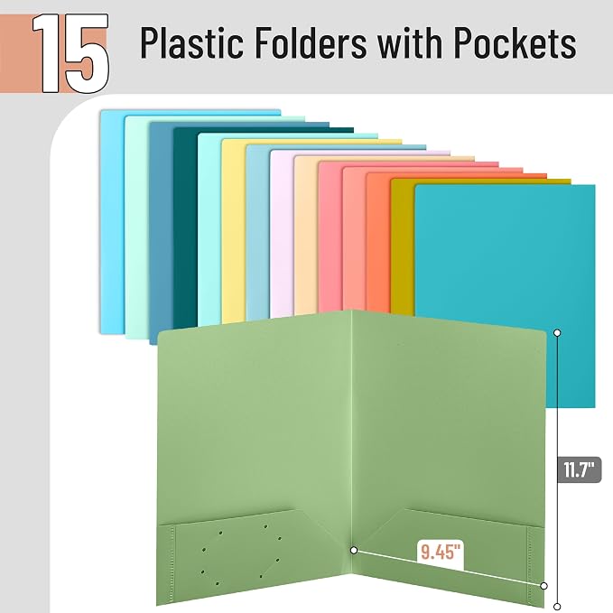 Mr. Pen- Plastic Folders with Pockets, 15 pcs | Aesthetic File Folder with Business Card Slot, 2-Pocket Folder, Back to School, Office, Filing Supplies