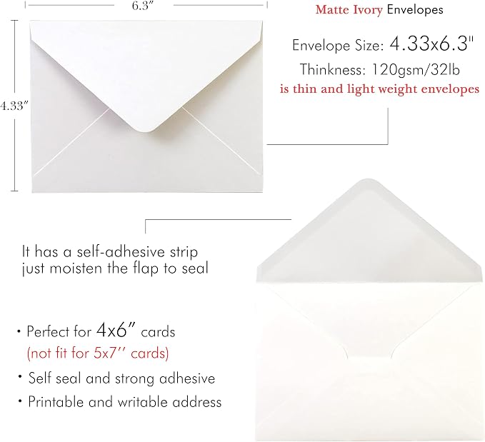 PONATIA 50 Pack A4 Envelopes for 4x6 Cards, 4.33 x 6.3'' Ivory Envelopes Perfect for Gift Cards, Wedding Details Cards, Thank You Cards