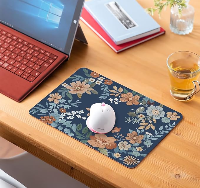 Cute Flowers Blue Mouse Pad Small, Boho Floral Mousepad for Women, Office, Gaming, Abstract Retro Vintage Colorful Square Computer Pad for Wireless Mouse, 9.5x7.9 inch