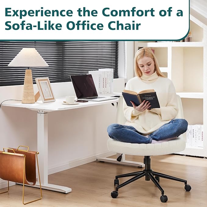 OLIXIS Criss Cross Office Chair, Vanity Chair, Home Office Desk | Wide Seat, Height Adjustable, Comfy Fabric, Armless No Wheels, Bedroom, Study Room, Beige