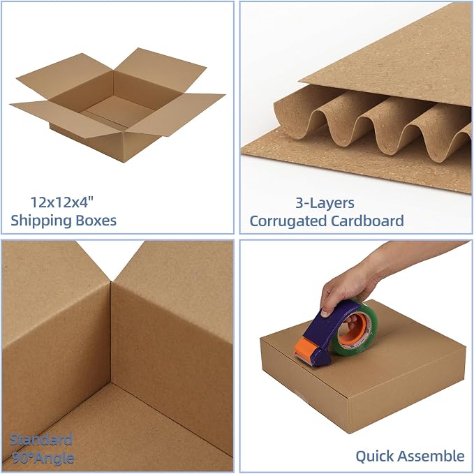 Hoikwo 12x12x4 Thin Shipping Boxes Set of 15 | Brown Corrugated Cardboard Box for Small Business for Packaging Mailing