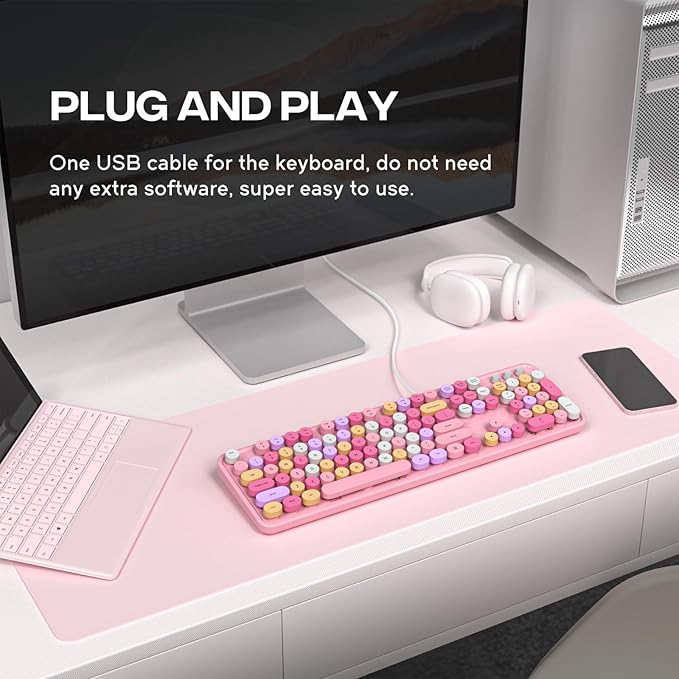 Computer Keyboard Wired, Plug and Play USB Retro Round Typewriter Keyboard, Full Size Wired Keyboard with Foldable Stands for Laptop and Office PC
