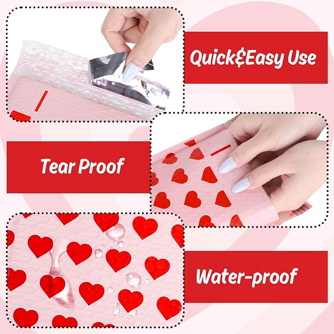 Whaline 50Pcs Valentine Bubble Mailers Red Heart Poly Padded Envelope Self Seal Mailer Bag For Small Business Boutique Packaging Mailing Makeup Clothes Document, 6 x 9 Inch