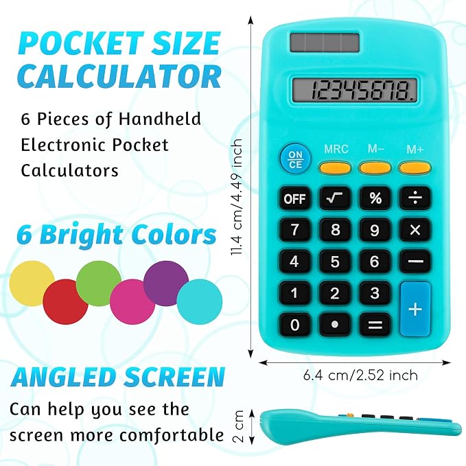Weewooday 6 Pieces Small Basic Calculator Bulk 8 Digit Solar Battery Dual Power Mini Handheld Pocket Calculator for Classroom Kids Students Desktop School Office Home, 6 Colors