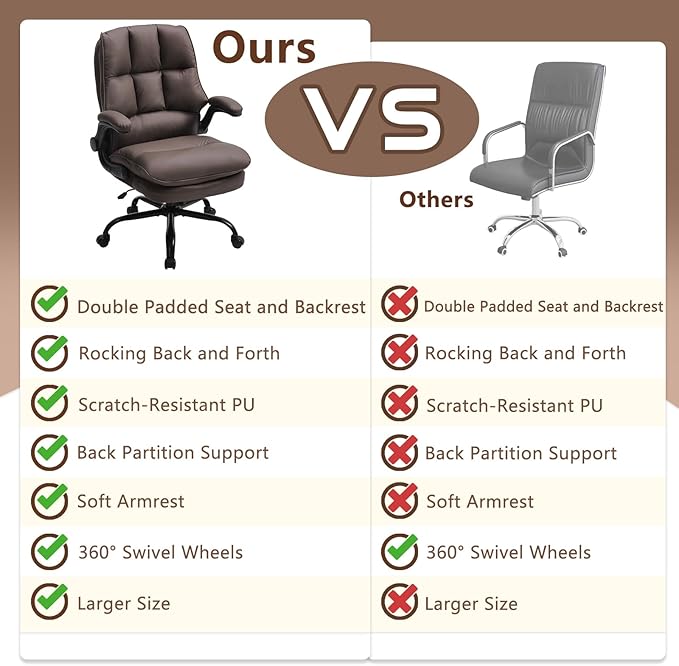 Comfy Office Chair Soft and Double Cushioned Ergonomic Computer Desk Chair | Suitable for Long Hours Executive Office Chair with Flip-up Armrests and Height Adjustment for Home Office Brown