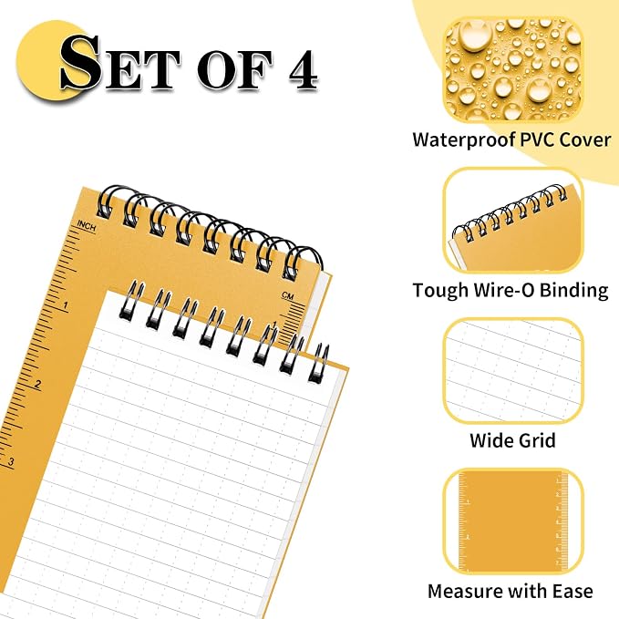 COIDEA Waterproof Notebook, 4 Pack 3" x 5" Top-Spiral Pocket Notepad | Weatherproof NotePad, All Weather Police Pocket Notebook Little Memo Steno Note Pads for Outdoor Office School