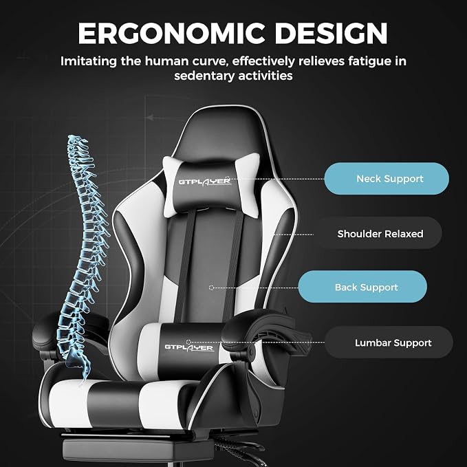 GTPLAYER Gaming Chair, Computer Chair with Footrest and Lumbar Support, Height Adjustable Game Chair with 360°-Swivel Seat and Headrest and for Office or Gaming (Pearl White)