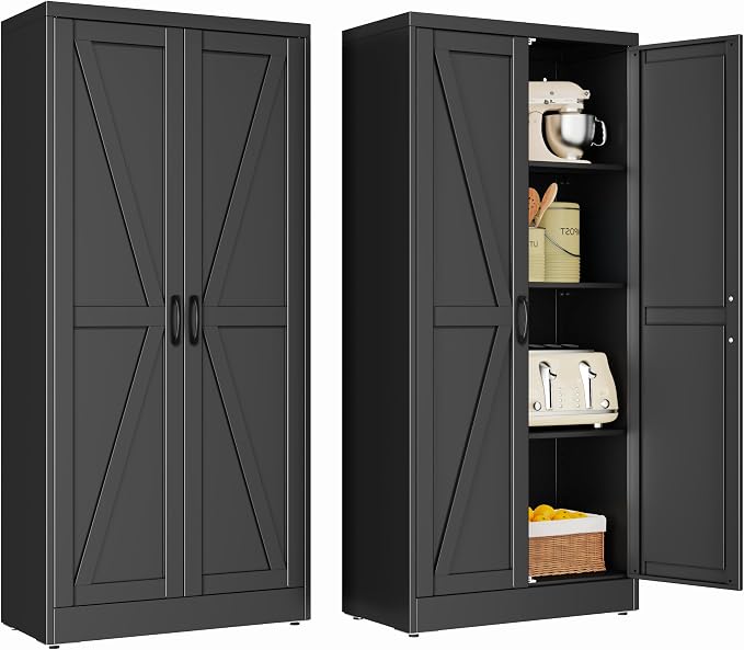 PAOFIN 63" Black Metal Storage Pantry Cabinet | Tall Kitchen Pantry Storage Cabinets with 2 Doors and 3 Shelves, Large Cupboard for Home,Kitchen,Dining/Living Room