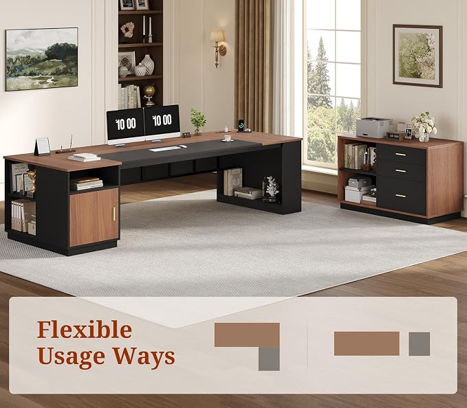 78.7" L Shaped Executive Desk with Lateral File Cabinet, Extra Large Office Desk with Drawers & Power Outlets, Modern Corner Computer Desk with Storage Shelves, Business Furniture, Walnut