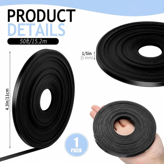 Tellegloww Black Magnetic Tape Roll Thin Strips, Magnetic Board Dividers Whiteboard Graphic Decorative Tape Marking Line for Classroom Office Art Accessories (1/5 Inch X 50 Feet,1 Pcs)