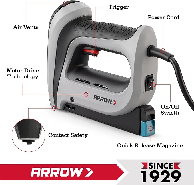 Arrow T50ACD Heavy Duty Electric Staple Gun, Fits 1/4" to 1/2" Staples | Corded Staple Gun for Upholstery, Furniture, Office, Decorating, Fits 1/4", 5/16", 3/8", or 1/2" Staples