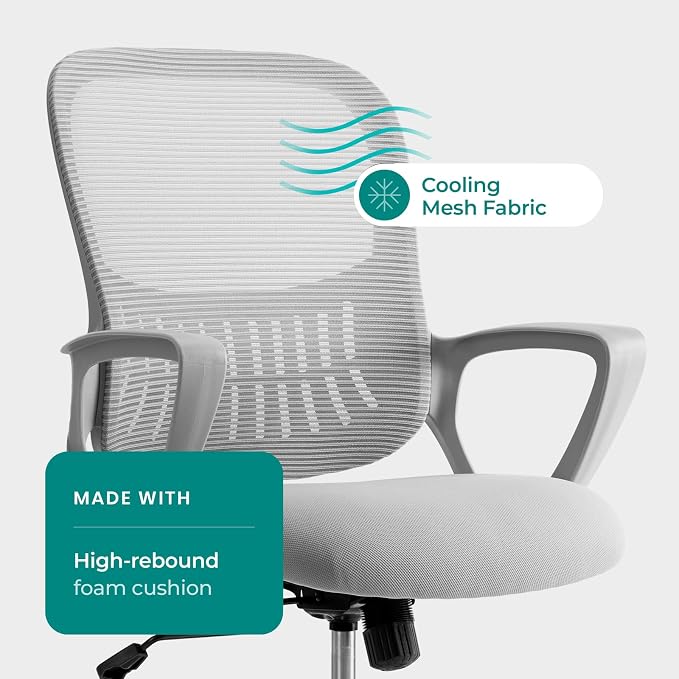 OLIXIS Home Office Chair, Mesh Desk Chair, Ergonomic Lumbar Support | Mid Back Computer Ergonomic, Height Adjustable Swivel Task, Large Seat Armrest, Adults, Grey