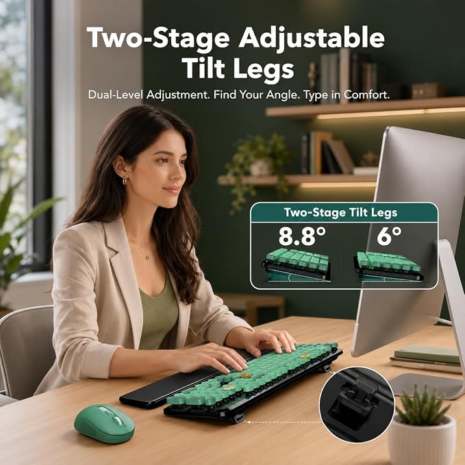 Wireless Keyboard and Mouse, Round Keycap, Magnetic Wrist Rest, Green Black | Full-Size Retro Typewriter Style, One USB Receiver, Type-C Adapter, Tilt Legs, Removable Keys, Auto Sleep, Windows & Mac Use