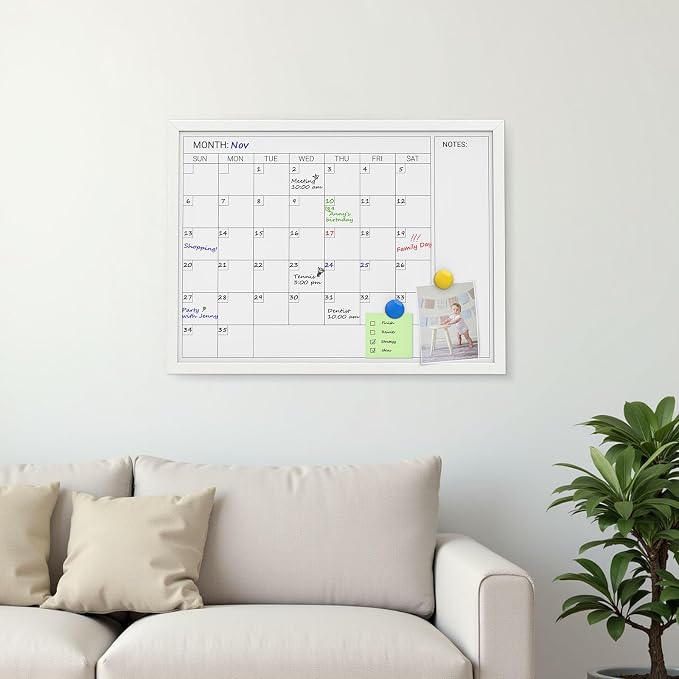 Comix Magnetic Monthly Calendar Whiteboard, 24 x 18 Inches White Wooden | Modern white wood frame magnetic monthly calendar whiteboard, decorative wall planner for home, kitchen, school and office