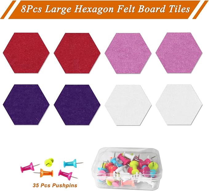 Large Hexagon Felt Cork Board Tiles, Self Adhesive DIY Felt Bulletin Board Pin Board with 35 Pushpins for Office School Home Wall Decor(Purple+Light Purple+Deep Red)