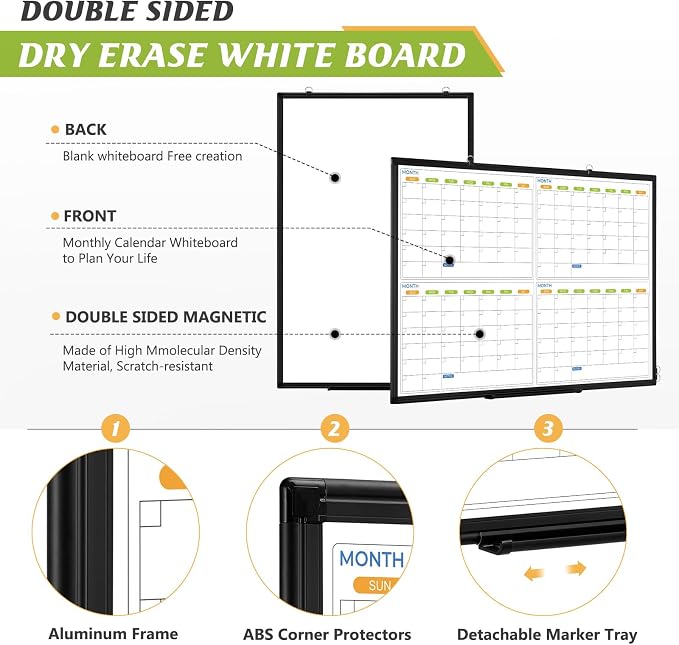White Board Calendar 36 x 24, 4 Month Wall Whiteboard Dry Erase | Magnetic Whiteboard Calendar Planner, Black Aluminum Frame Dry Erase Board for Office Home and School