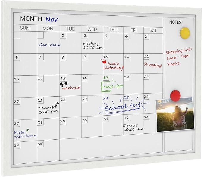Comix Magnetic Monthly Calendar Whiteboard, 24 x 18 Inches White Wooden | Modern white wood frame magnetic monthly calendar whiteboard, decorative wall planner for home, kitchen, school and office