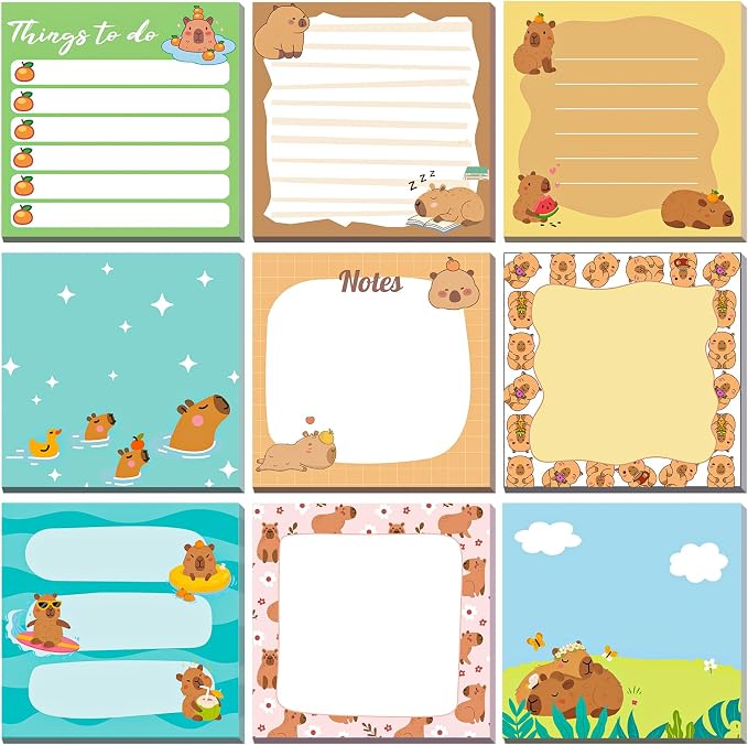 9 Pads Capybara Sticky Notes, 3x3 Inch Cute Stick Notepads | Adhesive Memo Notes Pad, Coworker Gifts, Office Supplies Decor, Desk Accessories for Students, Teacher, Meeting