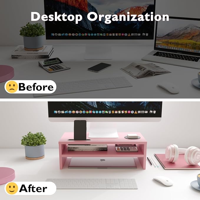BONTEC Wooden Monitor Stand Riser for Desk, 2-Tier Computer Monitor Stand | 66 lbs Desk Shelf Organizer with Storage, Laptop & Printer Stand with Phone Holder and Cable Management, Pink, 16.5 Inch