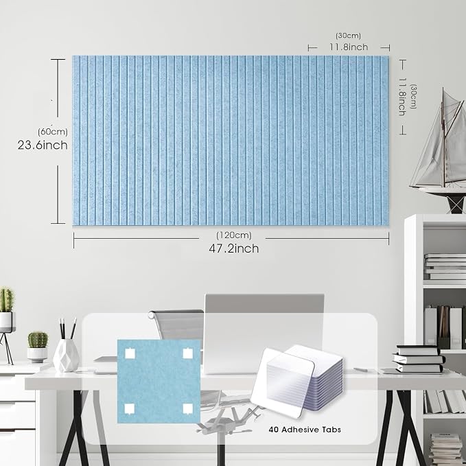 Large Felt Bulletin Board 48" x 24", Light Blue | 8 Pack Felt Tiles, 40 Adhesive Tabs, Cork Board Alternative for Walls, Push Pin Board for Home Office Decor