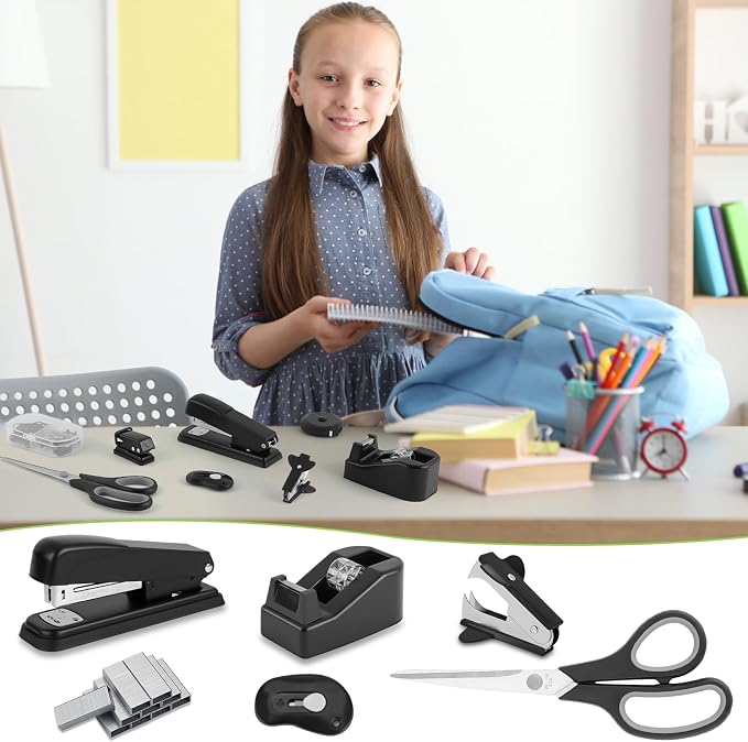 Black Desk Accessory Kit Cute Office Supplies Set Desktop Stapler Set Includes Staple Remover Hole Punch Tape Dispenser Ballpoint Pen Scissor Mini Box Cutter Tape Measure Paper Clips Sticky Notes