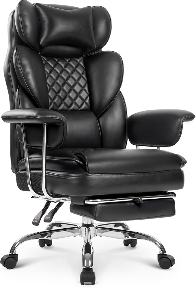 NEO CHAIR Big & Tall Leather Office Chair, High Back, Lumbar Support, Black | Gaming Chair for Adults and Computer Use, Reclining Office Chair with Foot Rest, Massage, Comfy Design and Heavy Duty Support
