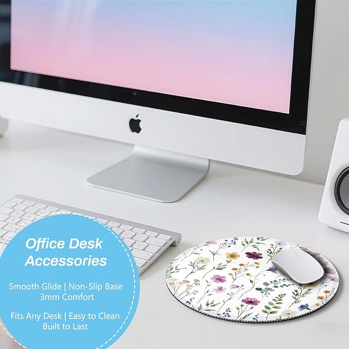 Gctriki Beautiful Flowers Round Mouse Pad, Small Comfortable Desk Mat with Stitched Edges & Non-Slip Rubber Base, Washable Mousepad for Computer Laptop, Office Home Decor Gift for Women Teacher