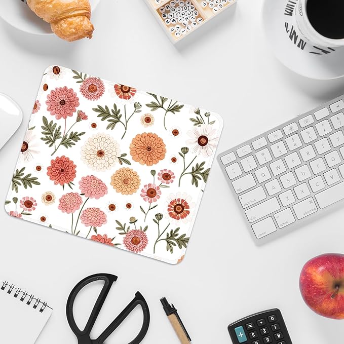 Mouse Pad with Stitched Edges - Cute Floral Mousepad for Women, 9.25 x 7.75 inch Washable Square Desk Pad, Non-Slip Rubber Base, Office Home Laptop Accessories - Coral Daisy