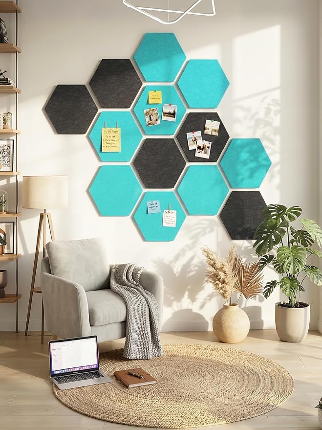 8-Pack Hexagon Felt Bulletin Board Tiles, Cork Board Alternative | For students and teachers creating vision boards in homes, offices, dorms or classrooms; includes 30 push pins.