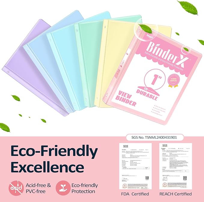 BinderX 3 Ring Binder 1 Inch, 1" Clear View Binder, White, Letter / A4 Size | Extra Durable, PVC-Free, Customizable, Interior Pockets, 175-Sheet Capacity, Eco-Friendly, Reinforced Hinge, School, Office