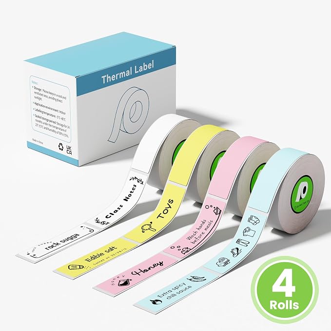 4 Rolls White/Blue/Yellow/Pink Replace for NELKO P21,180 Labels/Roll | Replace for ORGSTA S001,NDYIN N12, ORGBRO X1, POLONO P31S Thermal Label Maker Tape, 14mm x 40mm (0.55"x1.57")